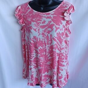 Perfect Peach Tie-dye top, ruffle cap sleeve, pink & white